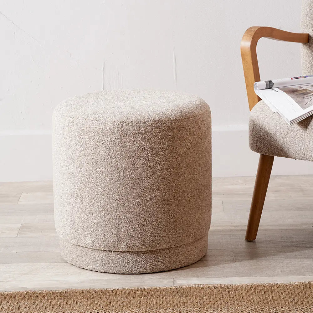 Sassari Taupe Teddy Fabric Cylinder Pouffe  Nicholas John Interiors