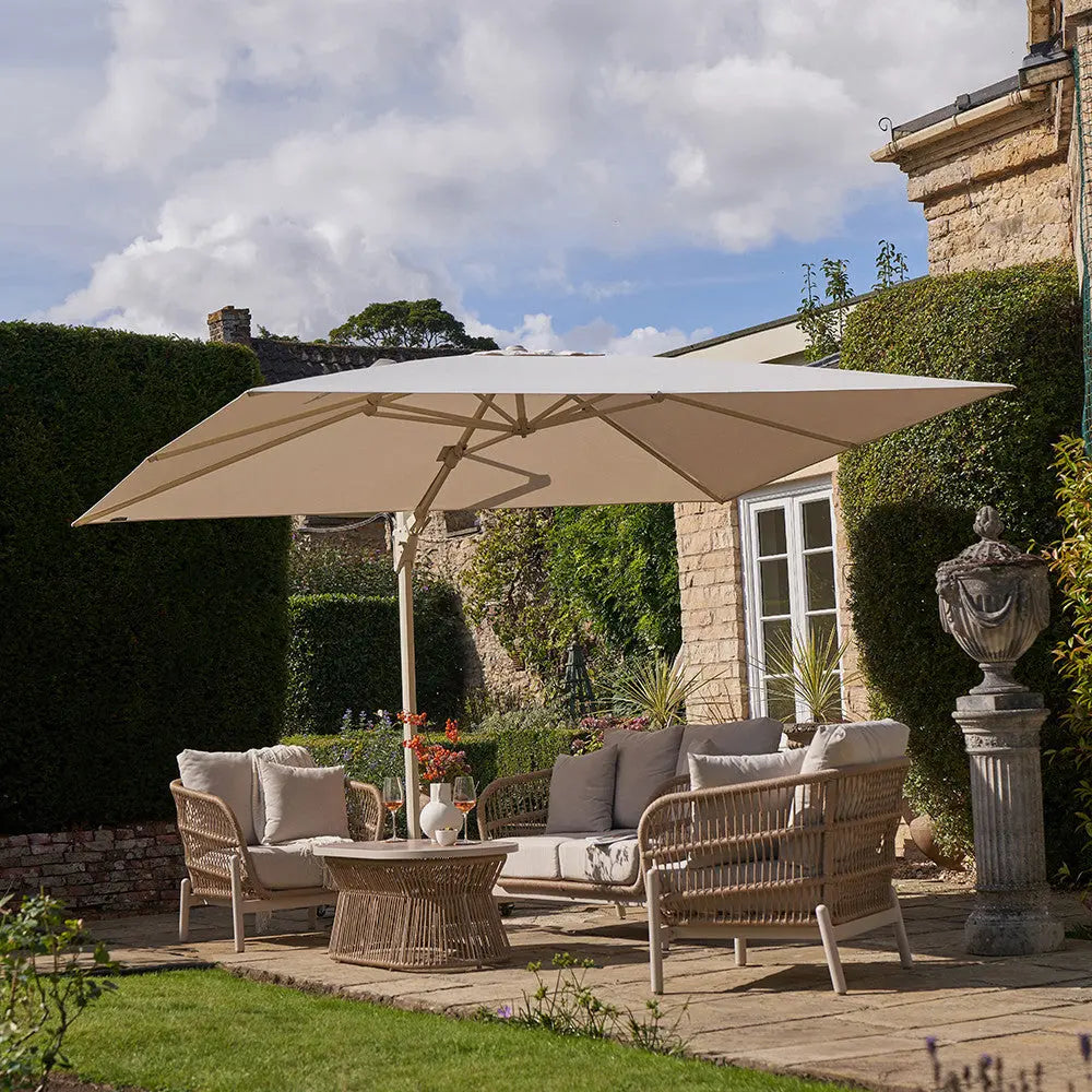Challenger T2 3.5 x 2.6m Rectangular Sandstone / Champagne Free Arm Parasol  Nicholas John Interiors