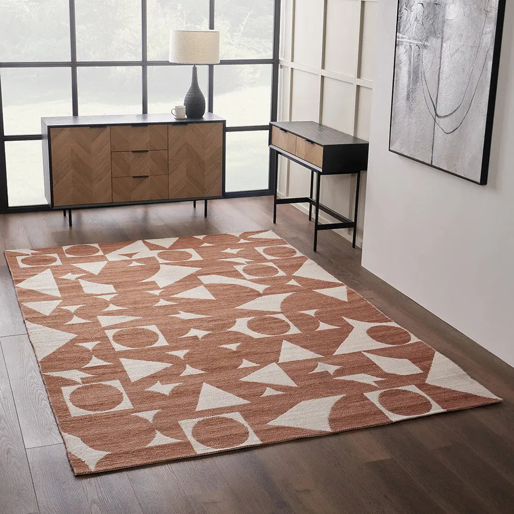 Indoor Outdoor Geometric Design Rug Large - Terracotta & Ivory  Nicholas John Interiors