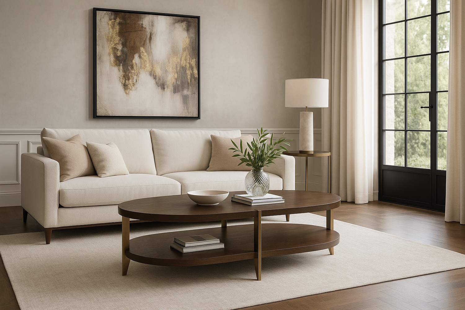 Modern living room with beige sofa, wooden coffee table, and abstract art on wall.