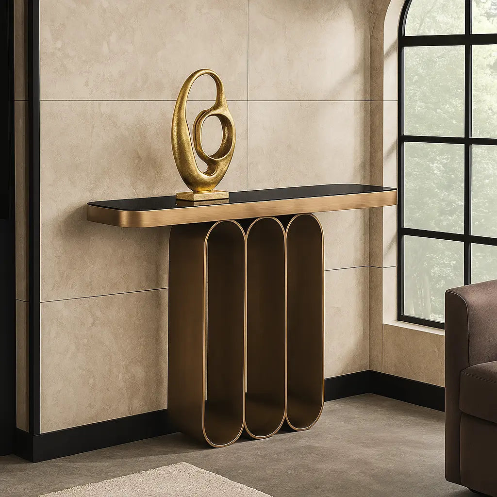 Richmond Interiors Locarno Console Table in Brushed Gold – Sculptural Console Table  Nicholas John Interiors