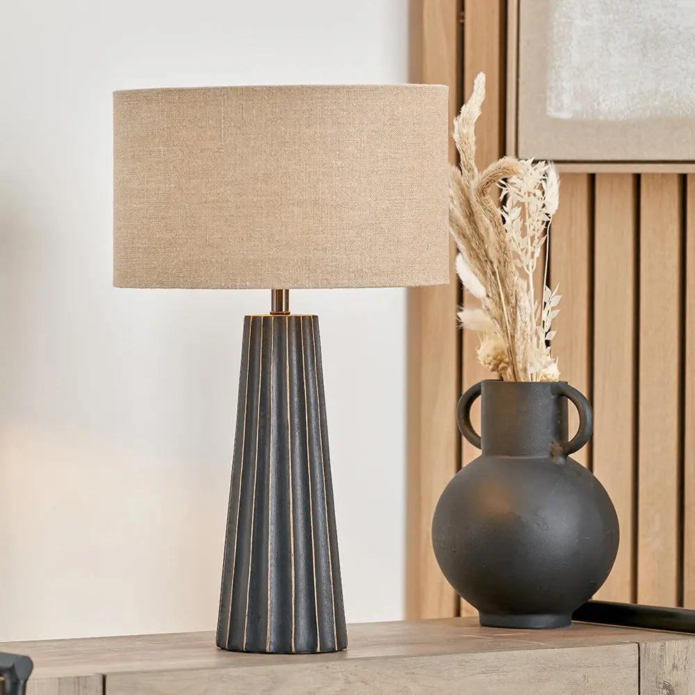 Draydon Textured Cone Table Lamp - Black Wash Mango Wood  Nicholas John Interiors