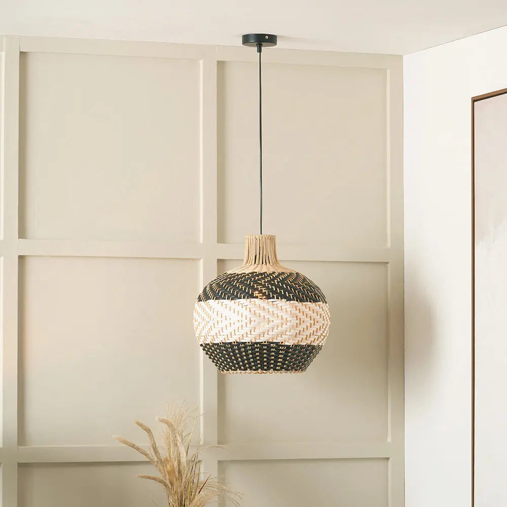 Rowan Natural Rattan Woven Pendant Light - Black & White  Nicholas John Interiors
