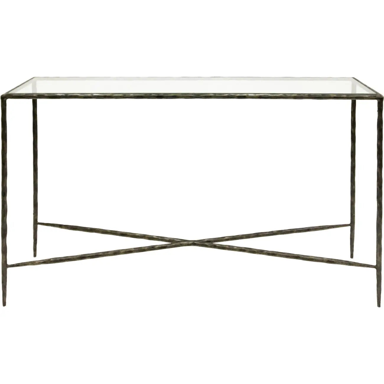 Patterton Hand Forged Console Table Large 140x35cm Dk Bronze with Glass Top  Nicholas John Interiors