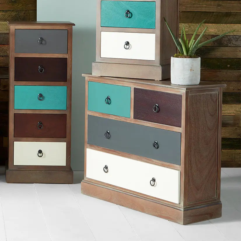 Loft Blue Multicoloured Pine Wood 4 Drawer Unit  Nicholas John Interiors