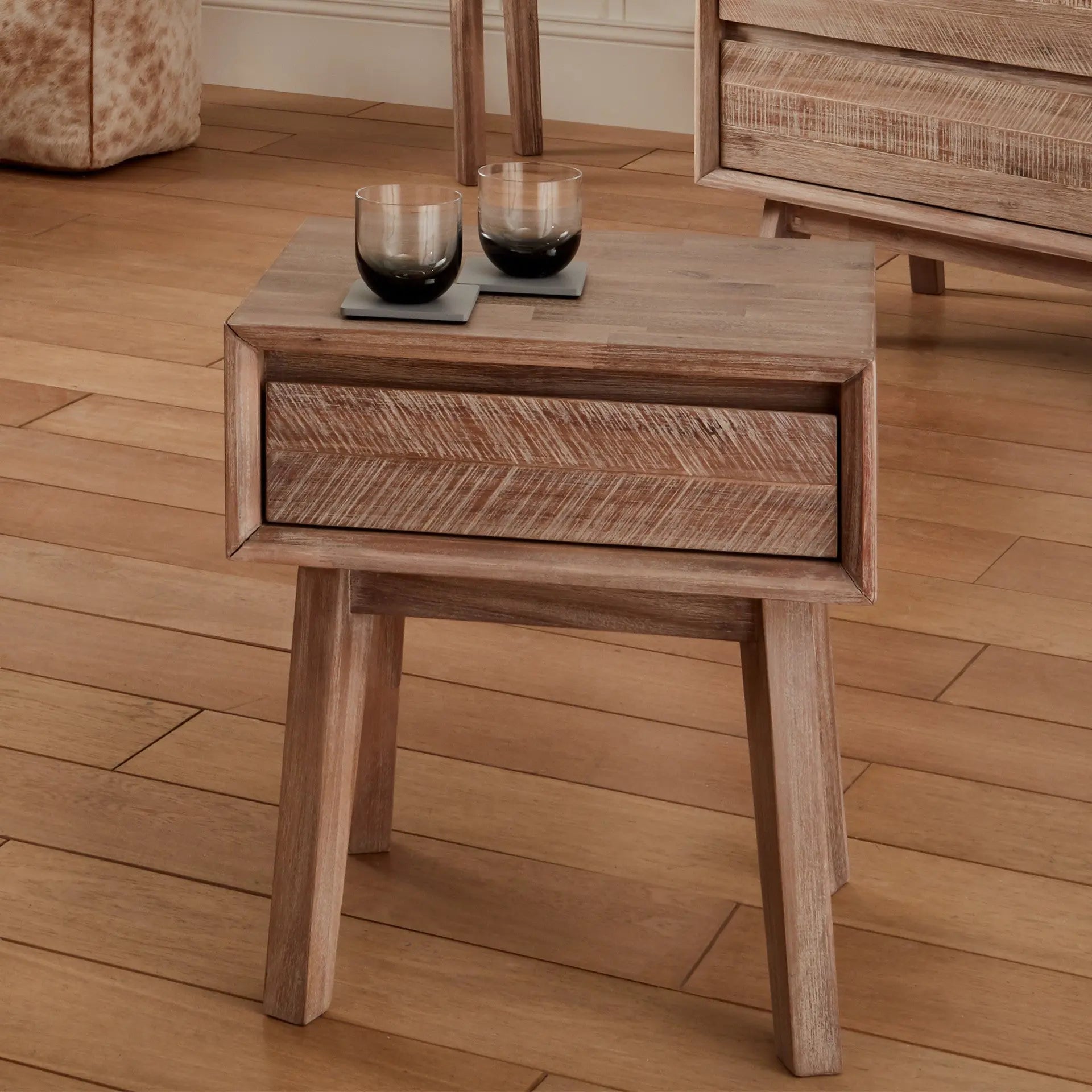 Kalmar Sand Wash Acacia Wood 1 Drawer Unit  Nicholas John Interiors