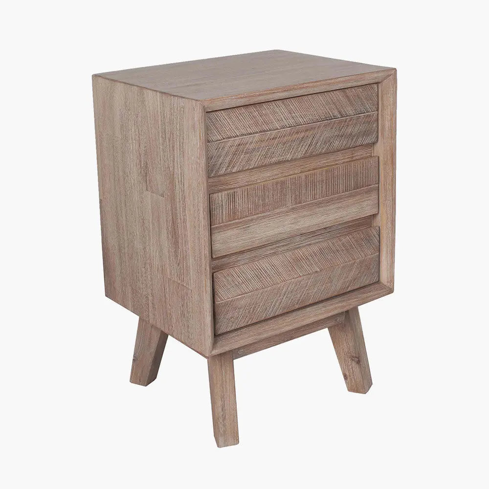 Kalmar Sand Wash Acacia Wood 3 Drawer Bedside Unit  Nicholas John Interiors