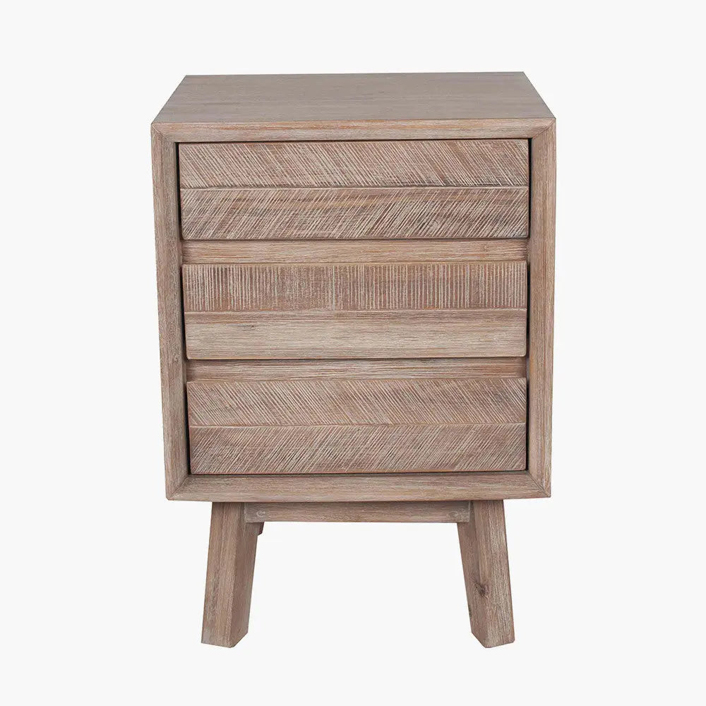 Kalmar Sand Wash Acacia Wood 3 Drawer Bedside Unit  Nicholas John Interiors