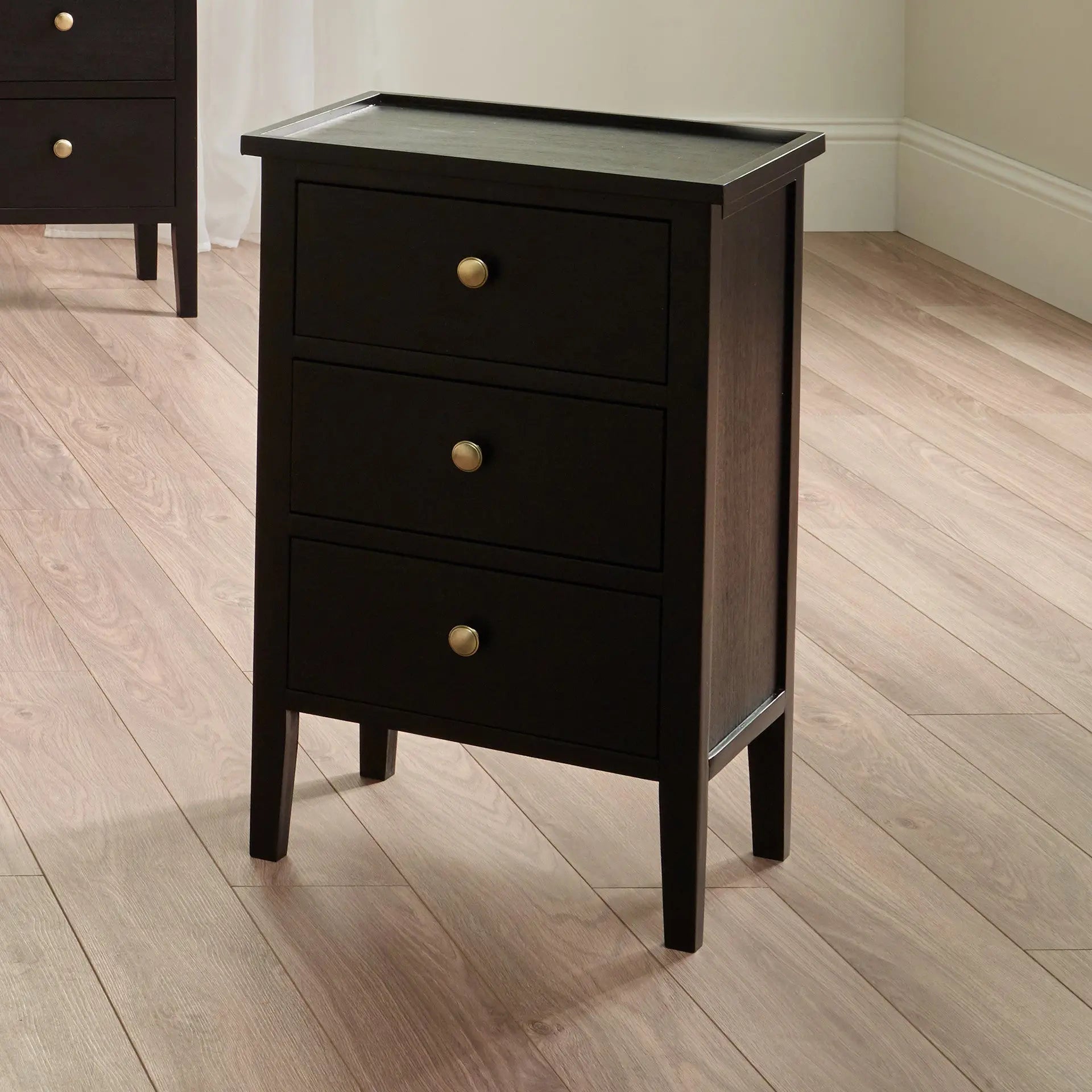 Chelmsford Satin Black Pine Wood 3 Drawer Unit  Nicholas John Interiors