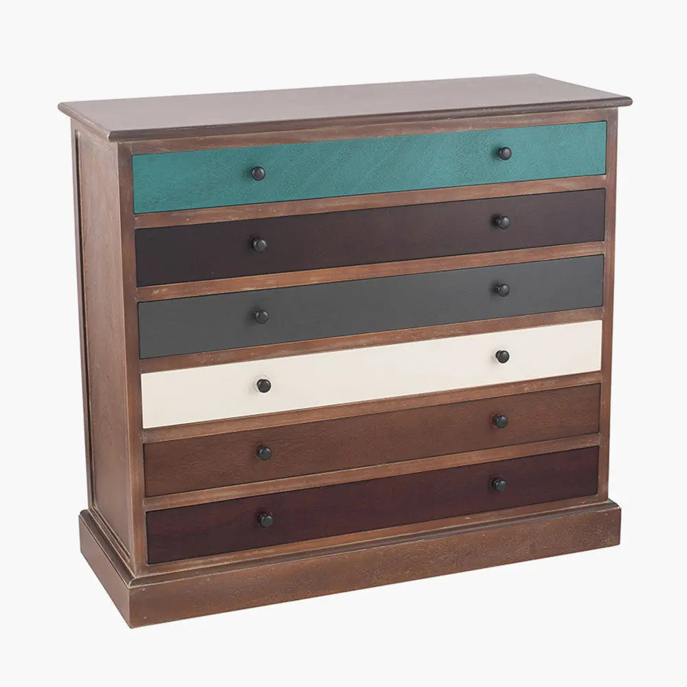 Loft Blue Multicoloured Pine Wood 6 Drawer Unit  Nicholas John Interiors