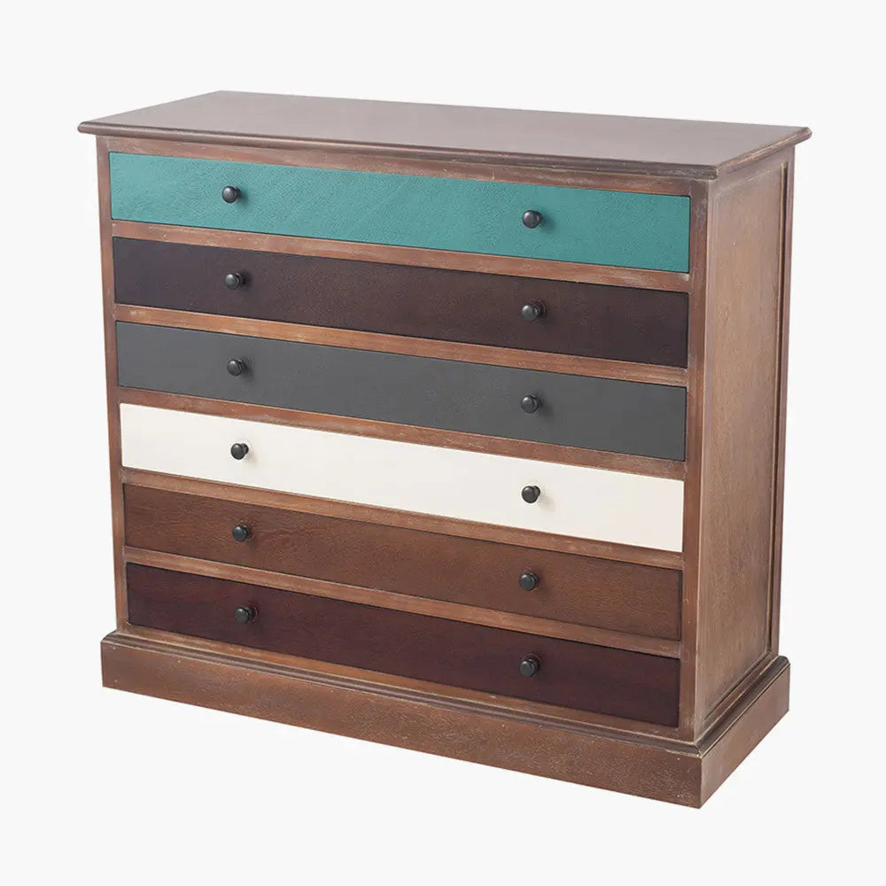 Loft Blue Multicoloured Pine Wood 6 Drawer Unit  Nicholas John Interiors