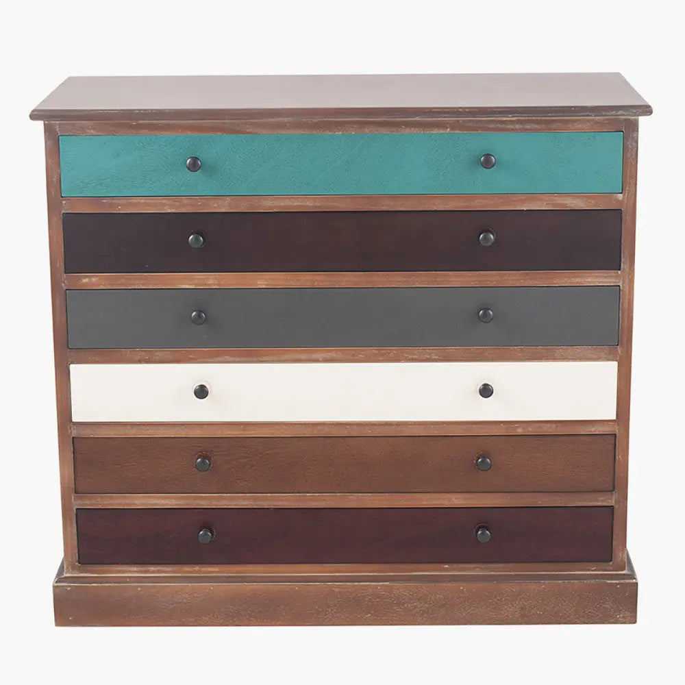Loft Blue Multicoloured Pine Wood 6 Drawer Unit  Nicholas John Interiors