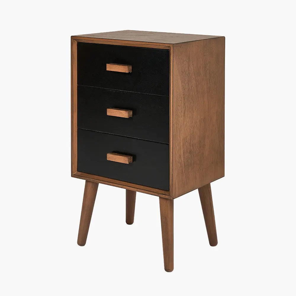 Klee Black Pine Wood 3 Drawer Bedside  Nicholas John Interiors