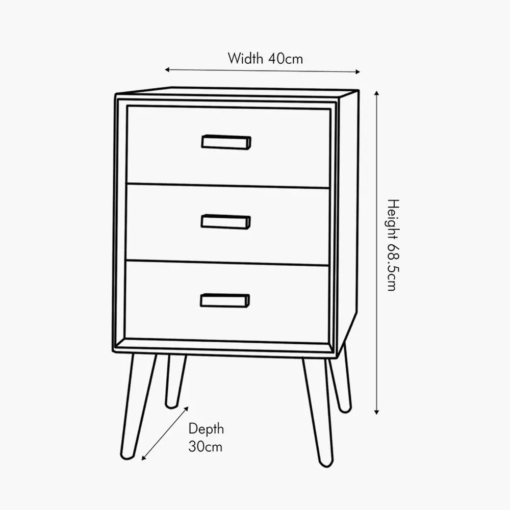 Klee Black Pine Wood 3 Drawer Bedside  Nicholas John Interiors