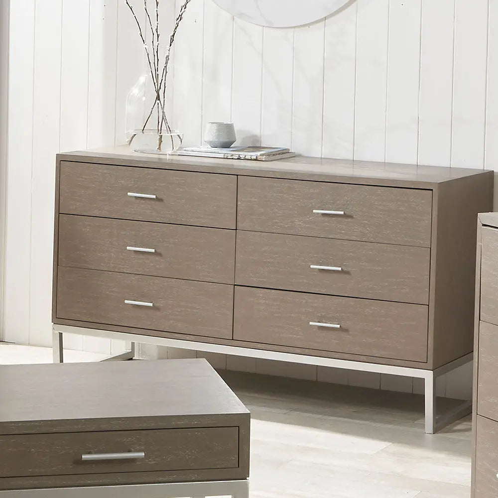 Ambroso Grey Wash Mango Wood and Silver Metal 6 Drawer Unit  Nicholas John Interiors