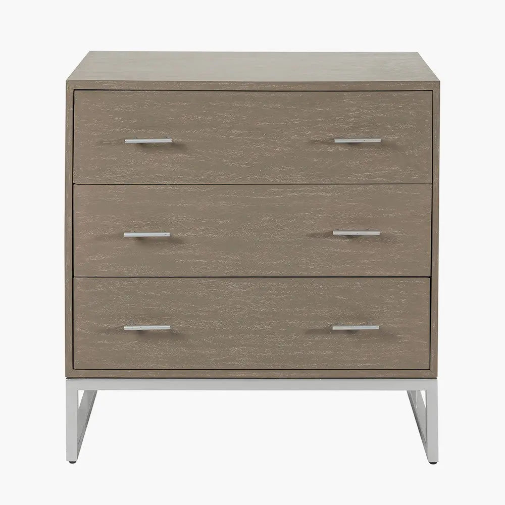 Ambroso Grey Wash Mango Wood and Silver Metal 3 Drawer Unit  Nicholas John Interiors