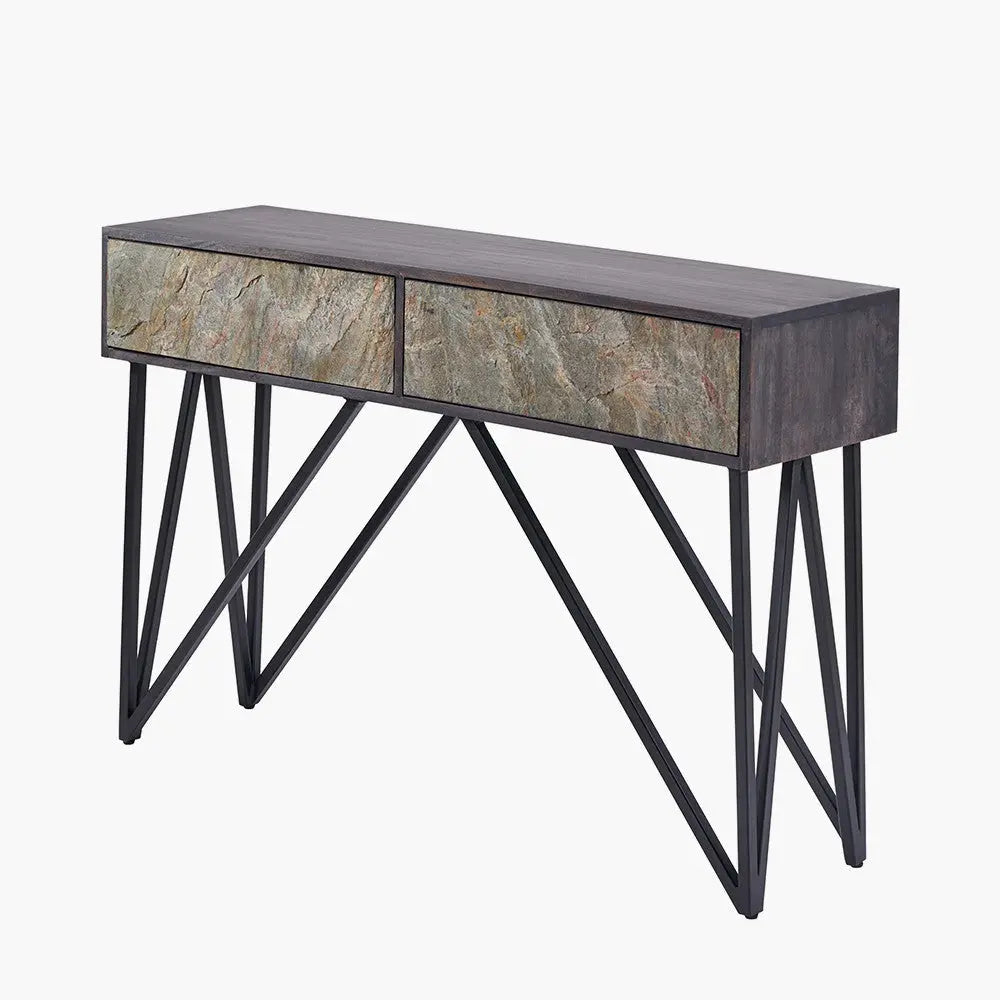 Verde Black Mango Wood and Stone Veneer 2 Drawer Console Table  Nicholas John Interiors