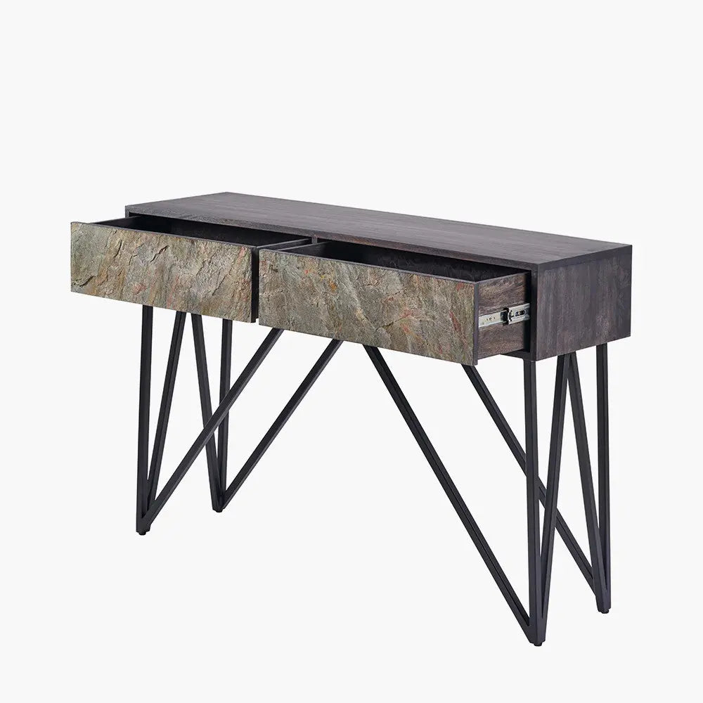 Verde Black Mango Wood and Stone Veneer 2 Drawer Console Table  Nicholas John Interiors
