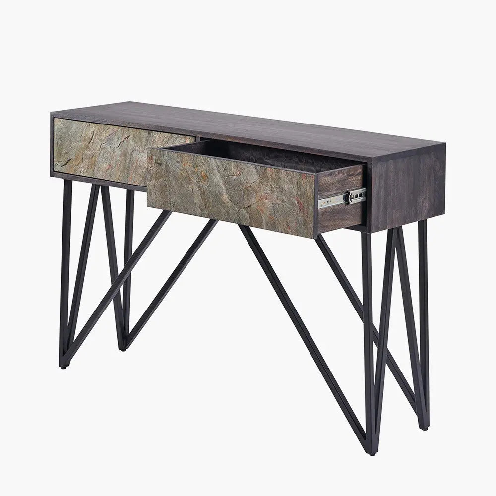 Verde Black Mango Wood and Stone Veneer 2 Drawer Console Table  Nicholas John Interiors