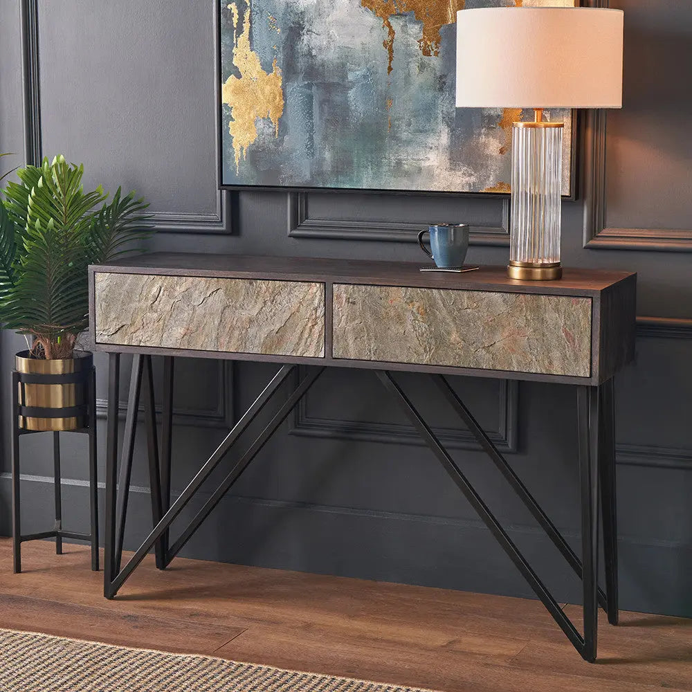 Verde Black Mango Wood and Stone Veneer 2 Drawer Console Table  Nicholas John Interiors