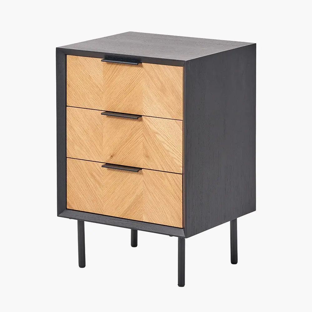 Hailee Black and Natural Chevron Oak and Pine Wood 3 Drawer Unit  Nicholas John Interiors