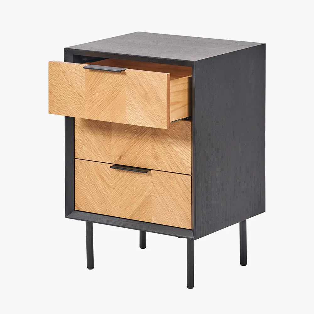 Hailee Black and Natural Chevron Oak and Pine Wood 3 Drawer Unit  Nicholas John Interiors