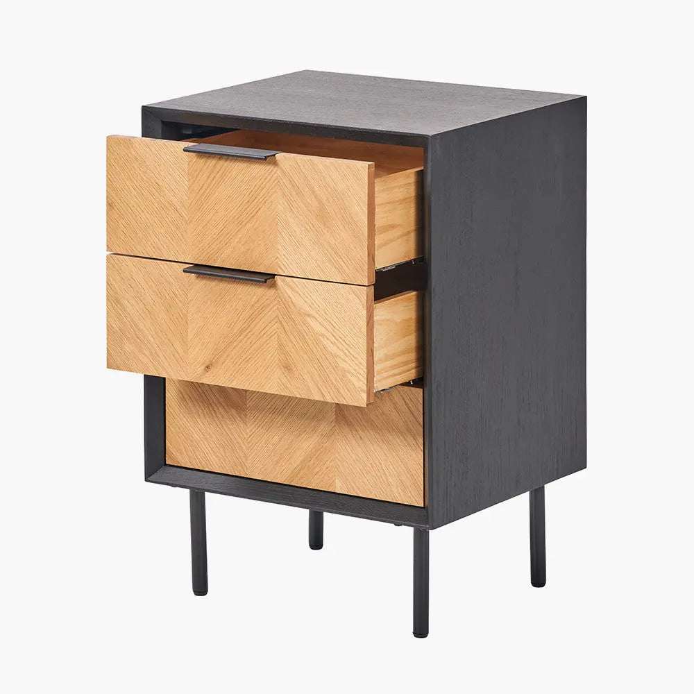 Hailee Black and Natural Chevron Oak and Pine Wood 3 Drawer Unit  Nicholas John Interiors