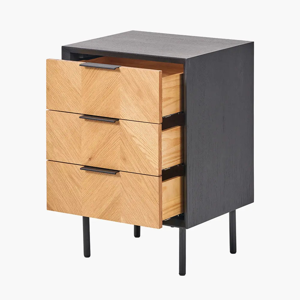 Hailee Black and Natural Chevron Oak and Pine Wood 3 Drawer Unit  Nicholas John Interiors