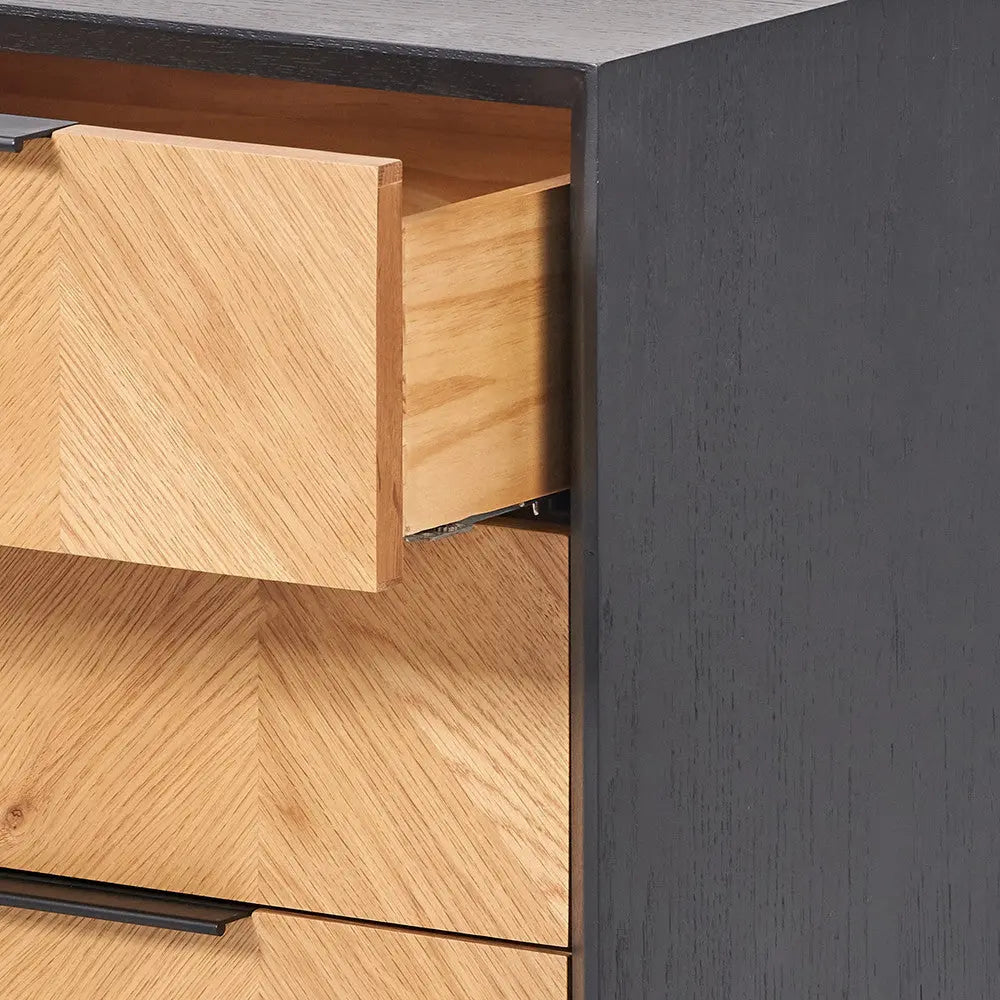 Hailee Black and Natural Chevron Oak and Pine Wood 3 Drawer Unit  Nicholas John Interiors