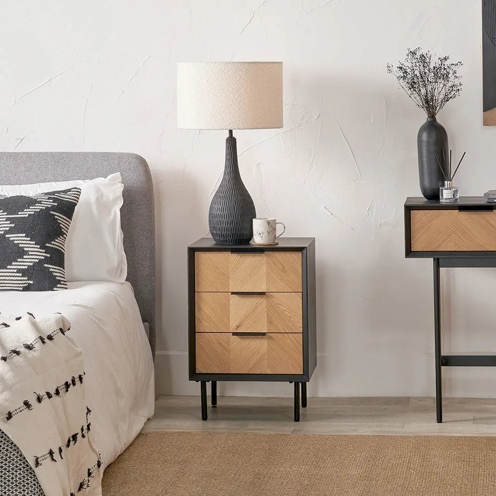 Hailee Black and Natural Chevron Oak and Pine Wood 3 Drawer Unit  Nicholas John Interiors