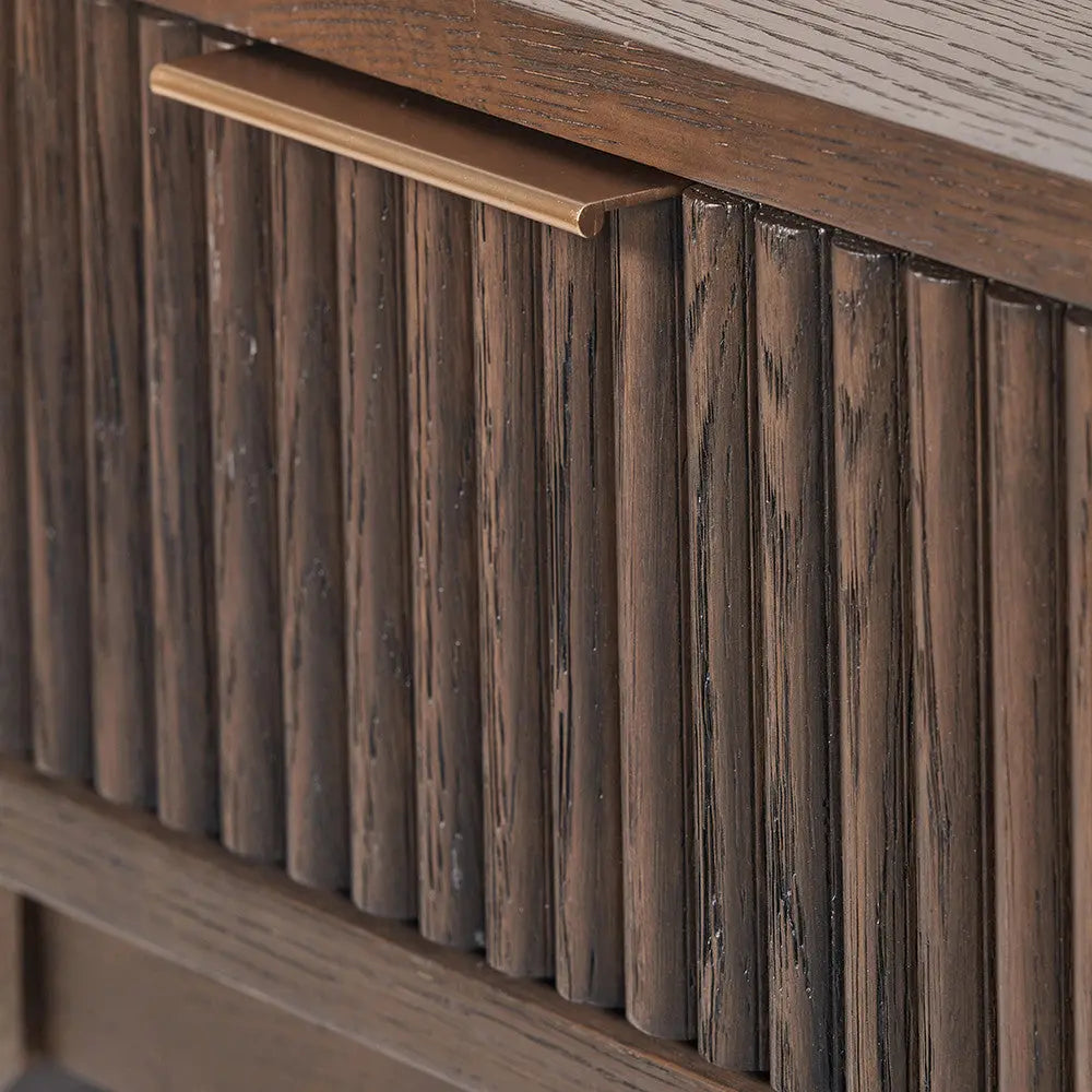 Raie Dark Brown Ribbed Oak and Pine Wood 1 Drawer Unit  Nicholas John Interiors