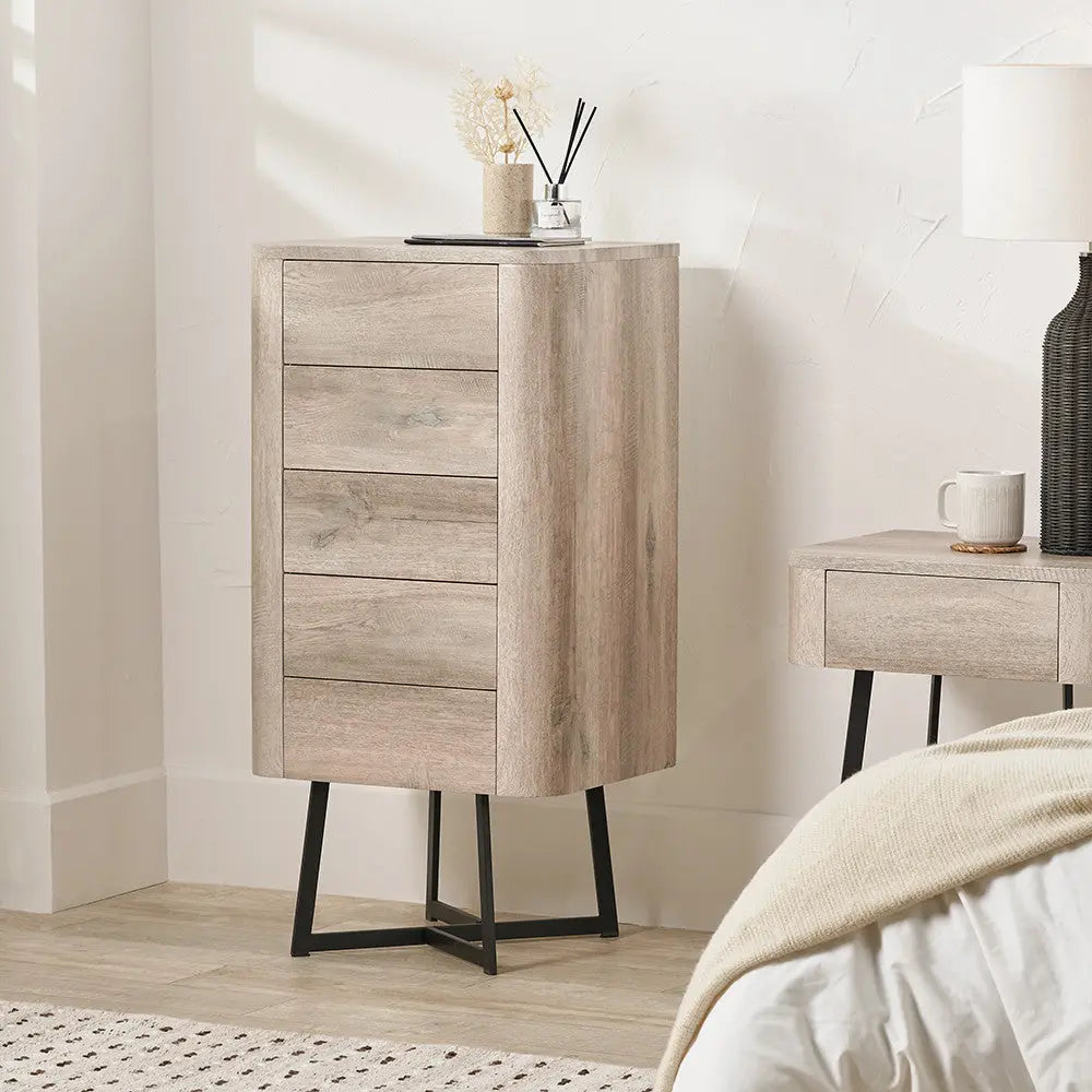 Ukiah Grey Oak Veneer and Black Metal 5 Drawer Tall Unit  Nicholas John Interiors