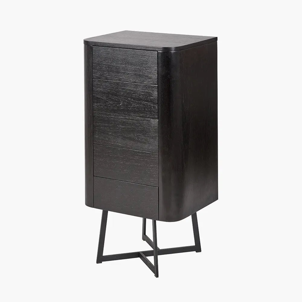 Ukiah Black Ash Veneer and Black Metal 5 Drawer Tall Unit  Nicholas John Interiors