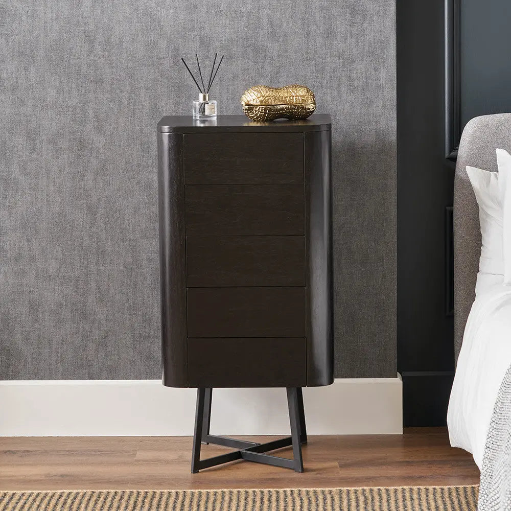 Ukiah Black Ash Veneer and Black Metal 5 Drawer Tall Unit  Nicholas John Interiors