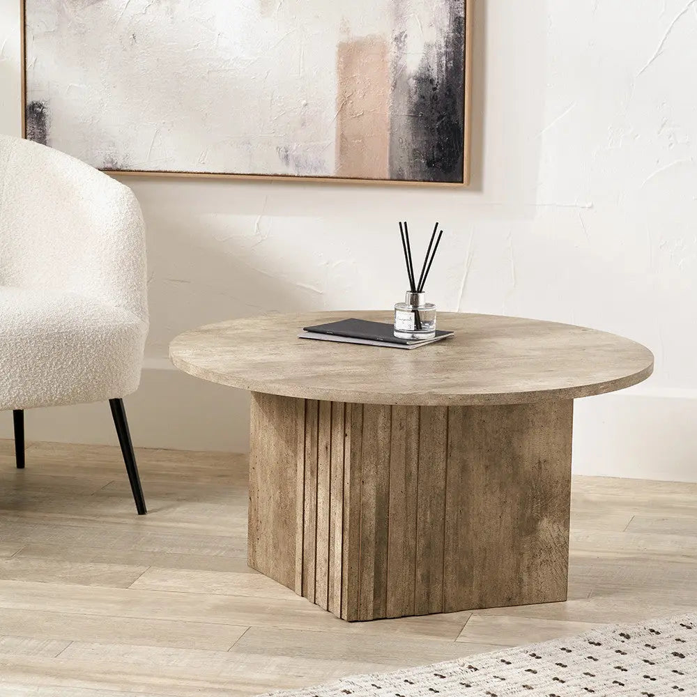 Elkton Concrete Effect Wood Veneer Groove Detail Coffee Table  Nicholas John Interiors