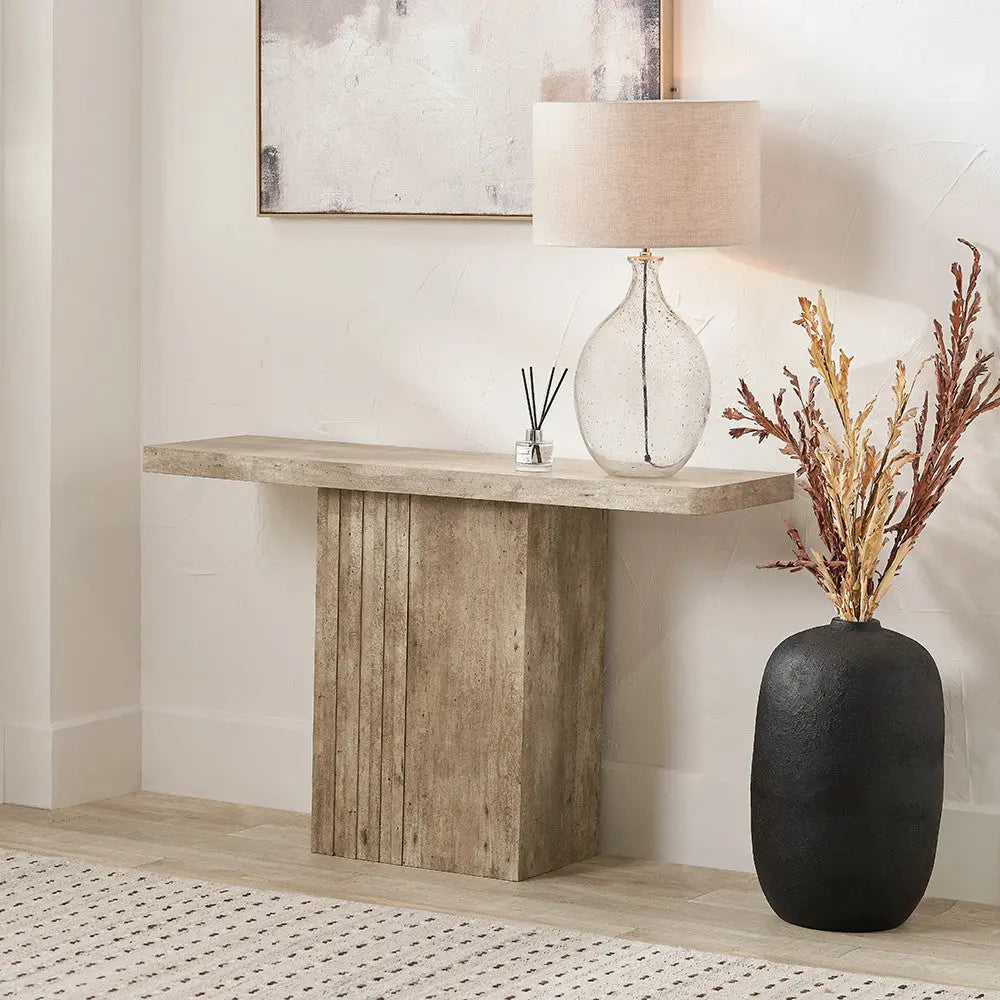 Elkton Concrete Effect Wood Veneer Groove Detail Console Table  Nicholas John Interiors