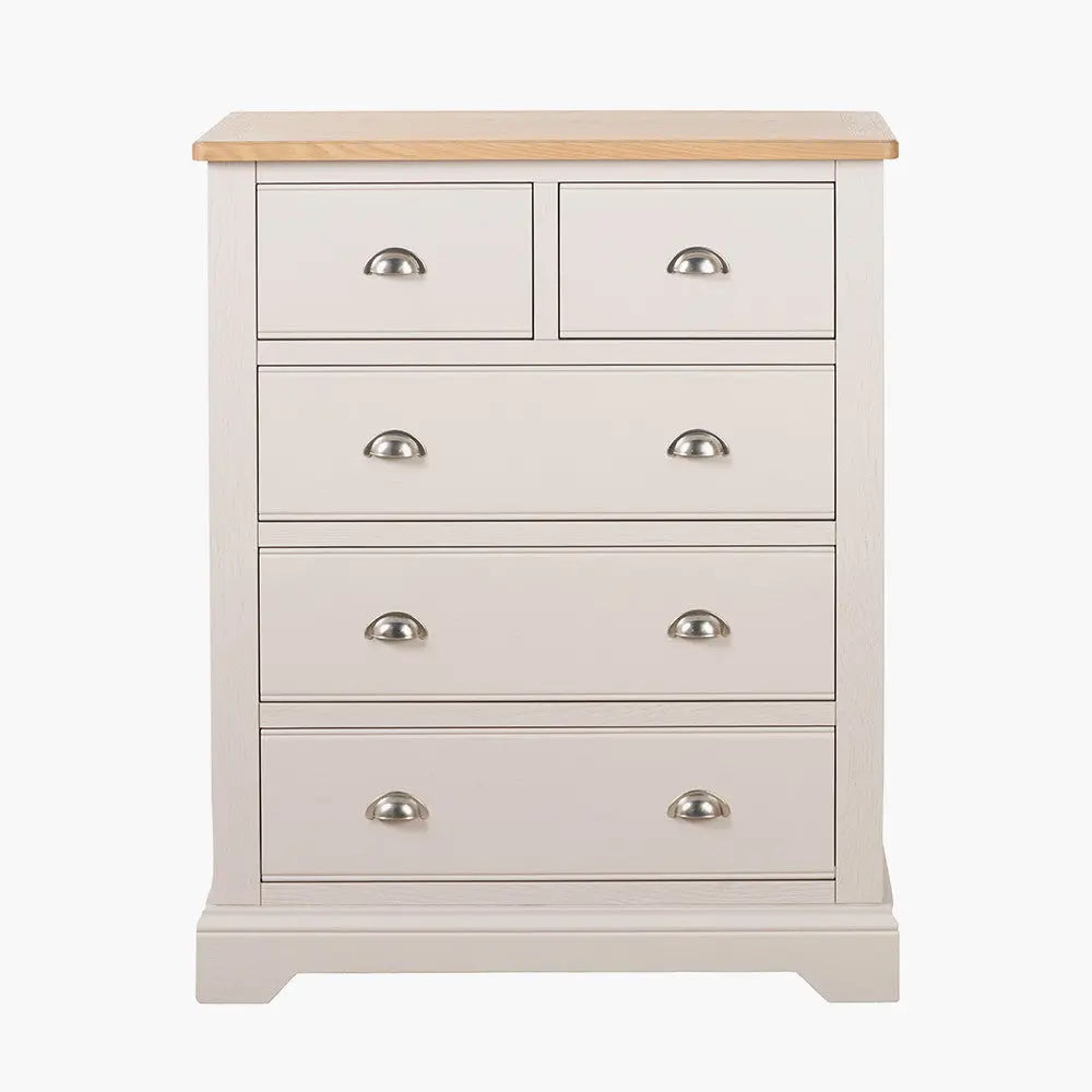 Fairford Parchment White Pine and Oak Wood 5 Drawer Unit  Nicholas John Interiors