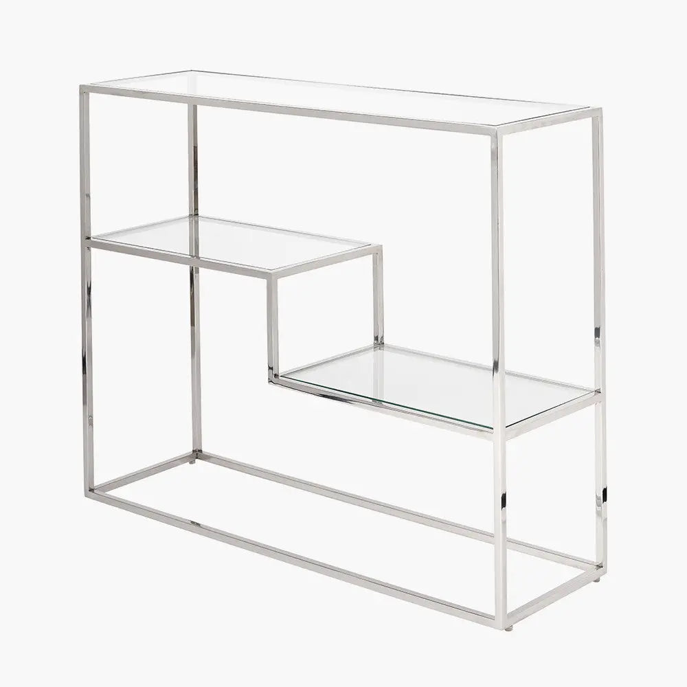 Aleandra Clear Glass and Silver Metal Console Table  Nicholas John Interiors
