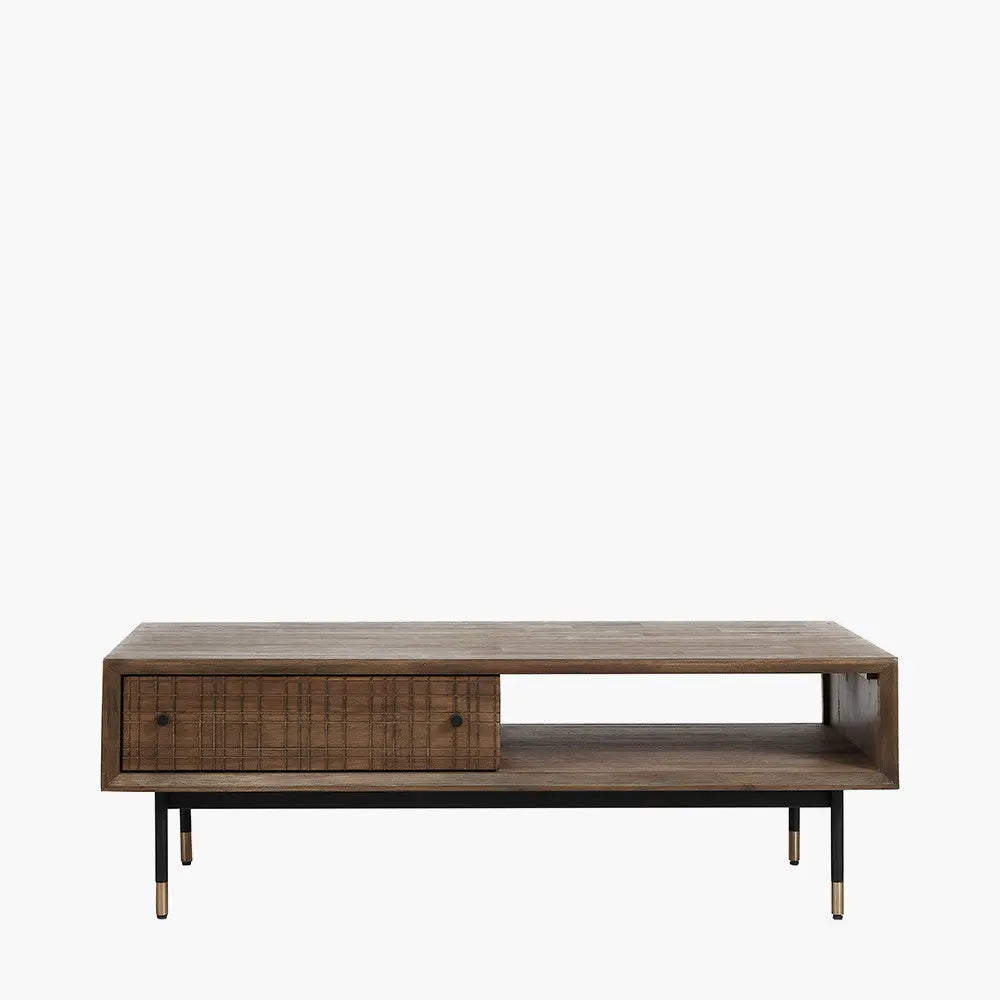 Arte Dark Brown Acacia Wood and Black Metal 2 Drawer Coffee Table  Nicholas John Interiors