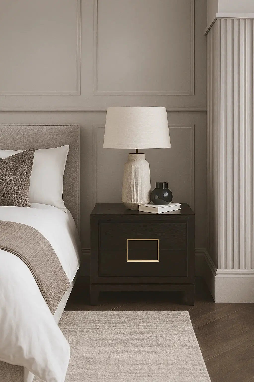 Berkeley Designs Lucca Bedside Table – Brown Oak Veneer with Gold Handles  Nicholas John Interiors