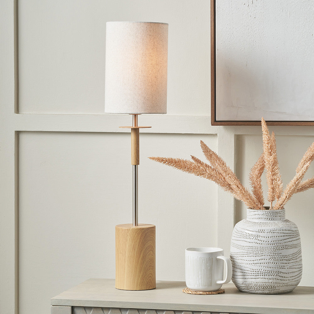Bonham Natural Wood Veneer & Silver Metal Table Lamp  Nicholas John Interiors