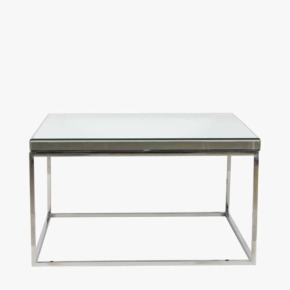 Elysee Mirrored Glass and Silver Metal Square Coffee Table  Nicholas John Interiors