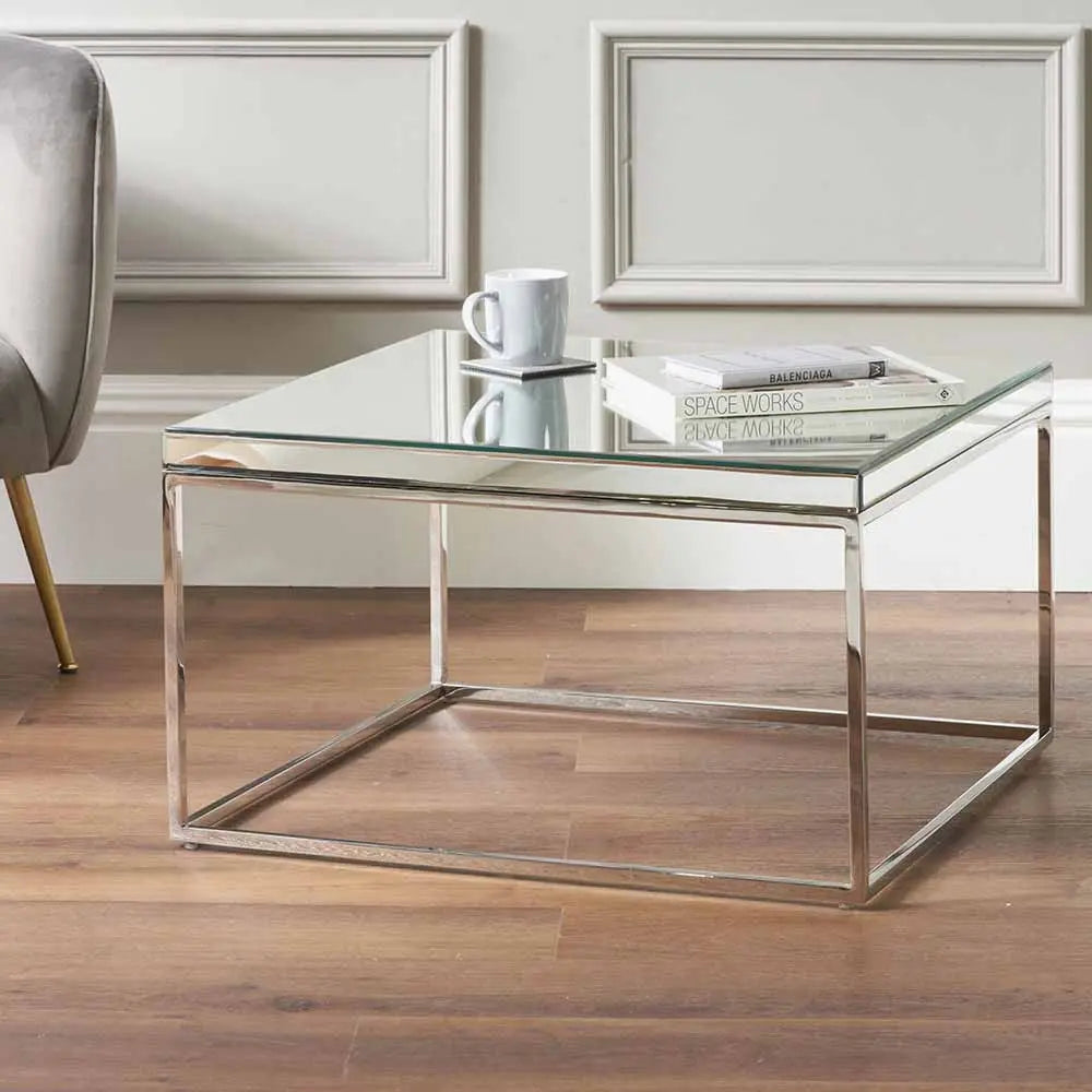 Elysee Mirrored Glass and Silver Metal Square Coffee Table  Nicholas John Interiors