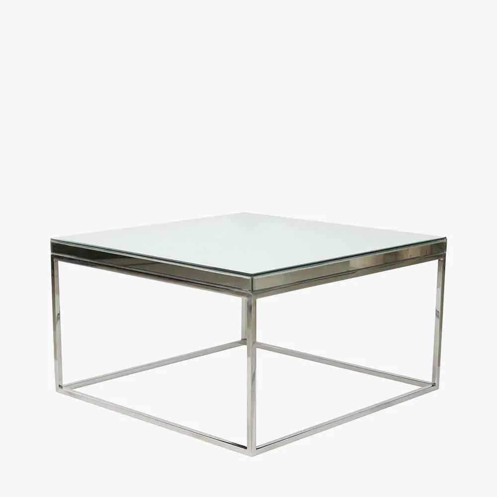 Elysee Mirrored Glass and Silver Metal Square Coffee Table  Nicholas John Interiors