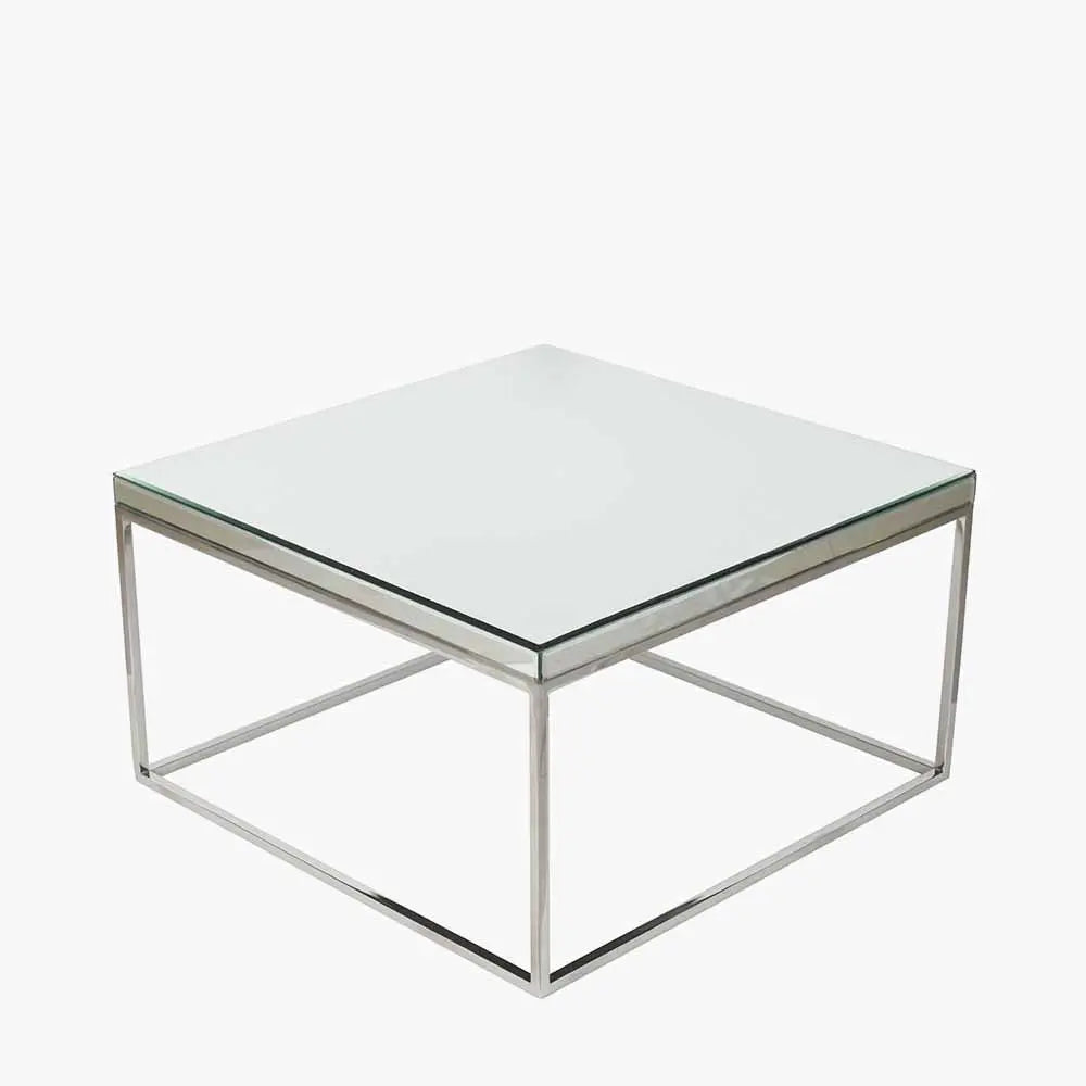 Elysee Mirrored Glass and Silver Metal Square Coffee Table  Nicholas John Interiors