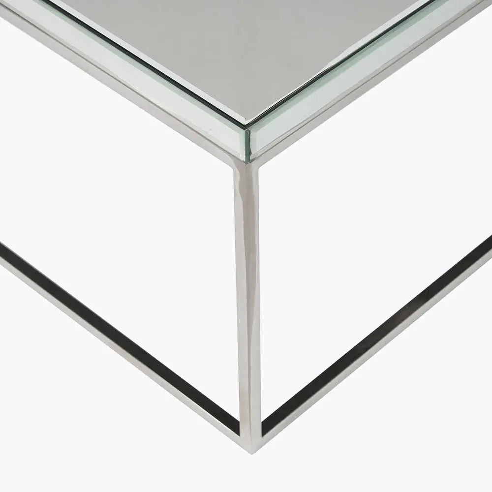 Elysee Mirrored Glass and Silver Metal Square Coffee Table  Nicholas John Interiors