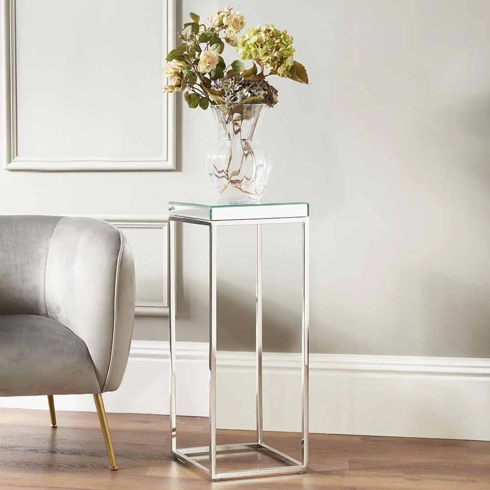 Elysee Mirrored Glass and Silver Metal Square Side Table  Nicholas John Interiors