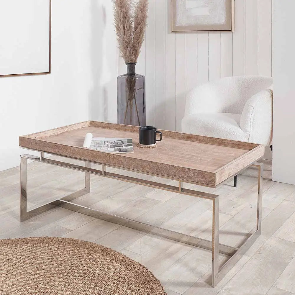 Evelyn Natural Antique Finish Mango Wood and Silver Metal Coffee Table  Nicholas John Interiors