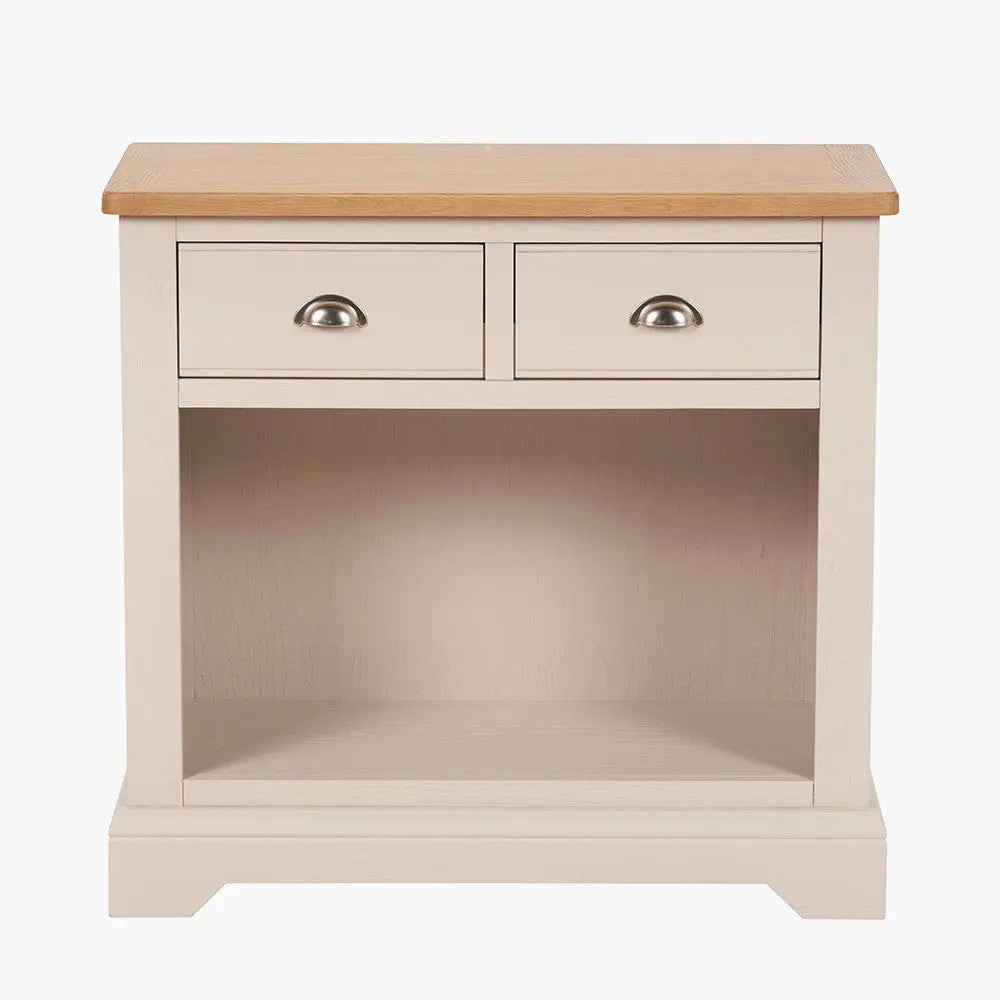 Fairford Parchment White Pine and Oak Wood 2 Drawer Console Table  Nicholas John Interiors