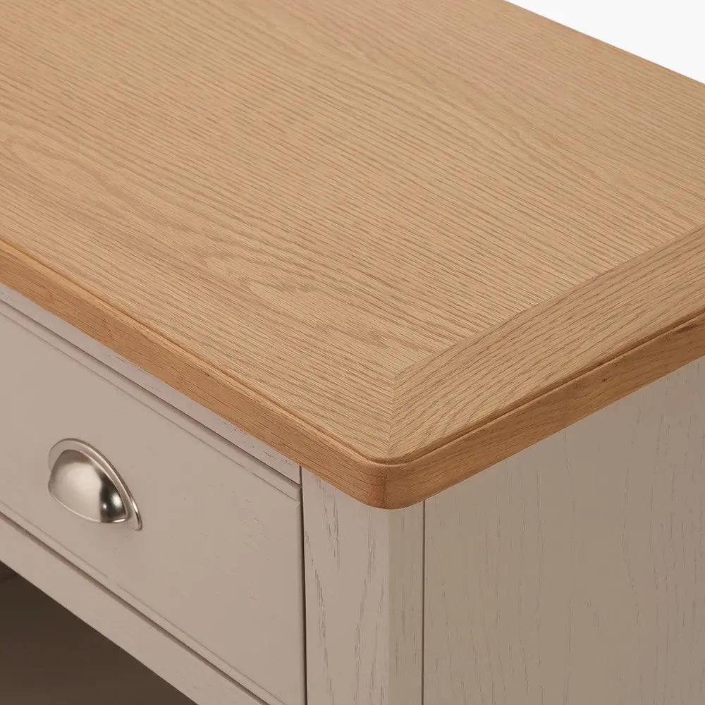 Fairford Parchment White Pine and Oak Wood 2 Drawer Console Table  Nicholas John Interiors